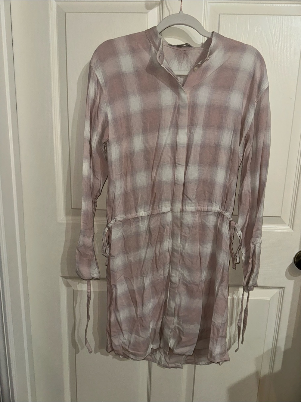 AllSaints Pink and White Plaid Button-Down dress tie waist S fall